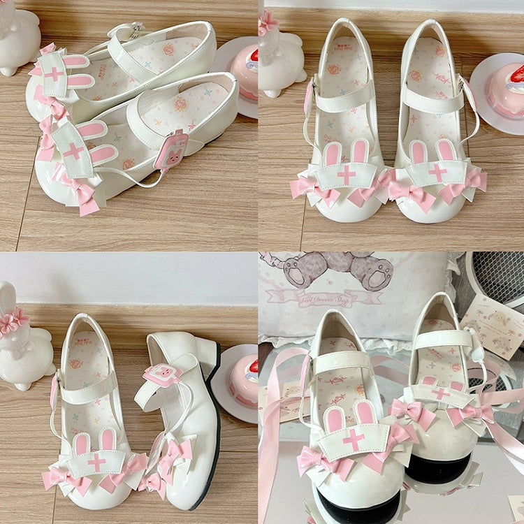 Medical Rabbit Themed White Mary Janes in PU - Low-heel Design, Nurse Cap with Rabbit Ears & Magic Tape
