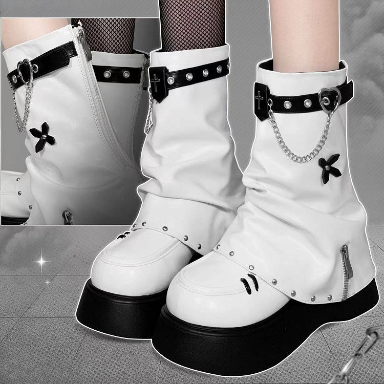 White Punk Cross Decorated Heart Buckle Studs Details Platform Boots