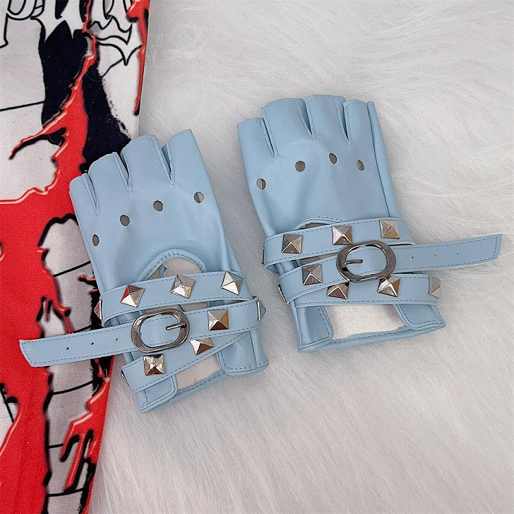 Punk Studs Crisscross Straps PU Half Finger Gloves 5 Color Options
