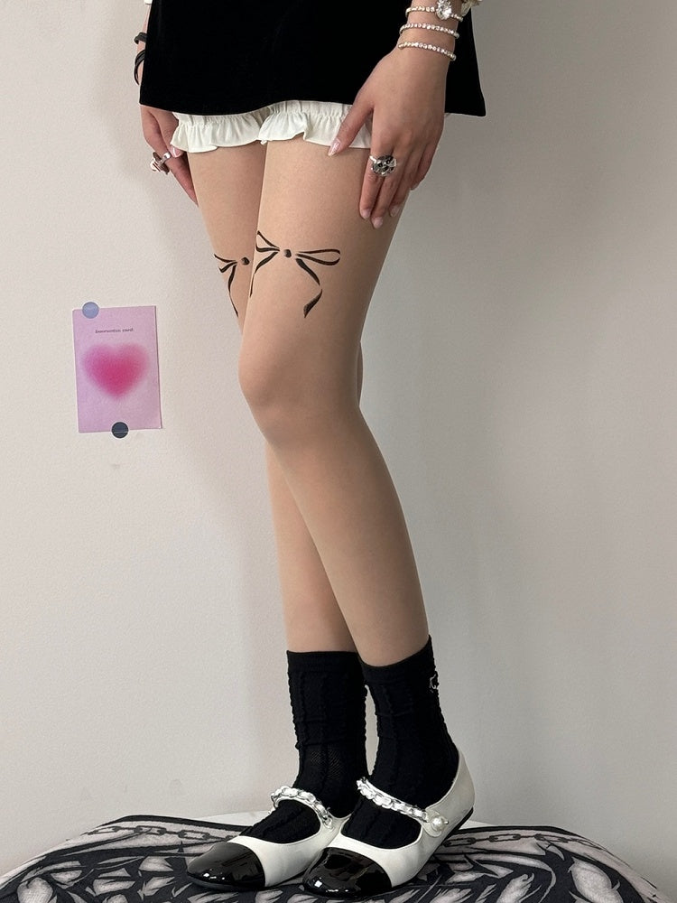 Nude Bowknot Print Tights