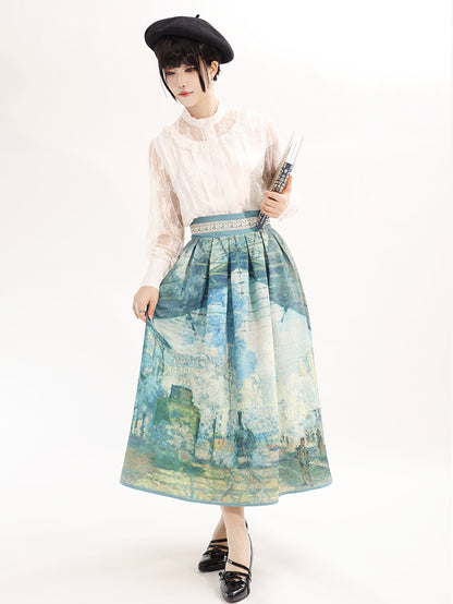 Gare Saint-Lazare Oil Painting Print Green High Waist Skirt Long/Short Version