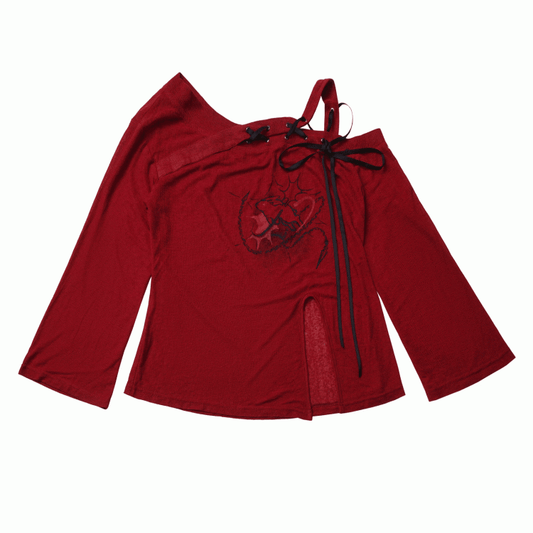 Lace-up Asymmetrical Neckline Red Slit Hem Graphic Coverup