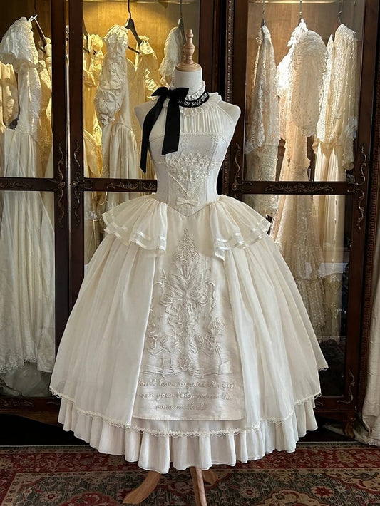 Creamy Delicate Embroidery Detail Classic Lolita Backless Halter Neck Dress
