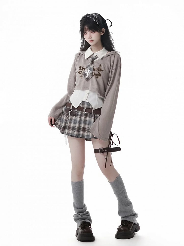 Preppy Style Curved Hem White/Beige Sleeveless Shirt with Cross Decorated Plaid Tie