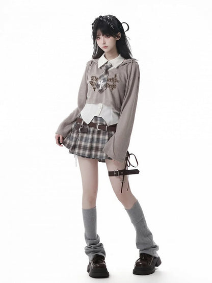 Preppy Style Curved Hem White/Beige Sleeveless Shirt with Cross Decorated Plaid Tie