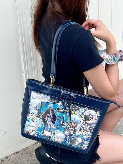 Dark Blue Bow Accents Lace-up Detail Ita Shoulder Bag with Free Charm