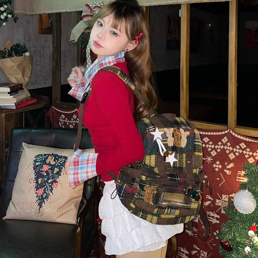 Maillard Core Brown Backpack - Vintage Plaid Patchwork Design