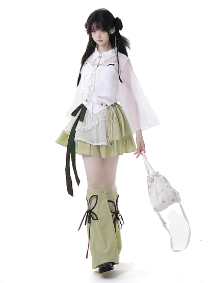 Green Cheongsam Style Elastic Waist Tiered Skirt with Waist Belt