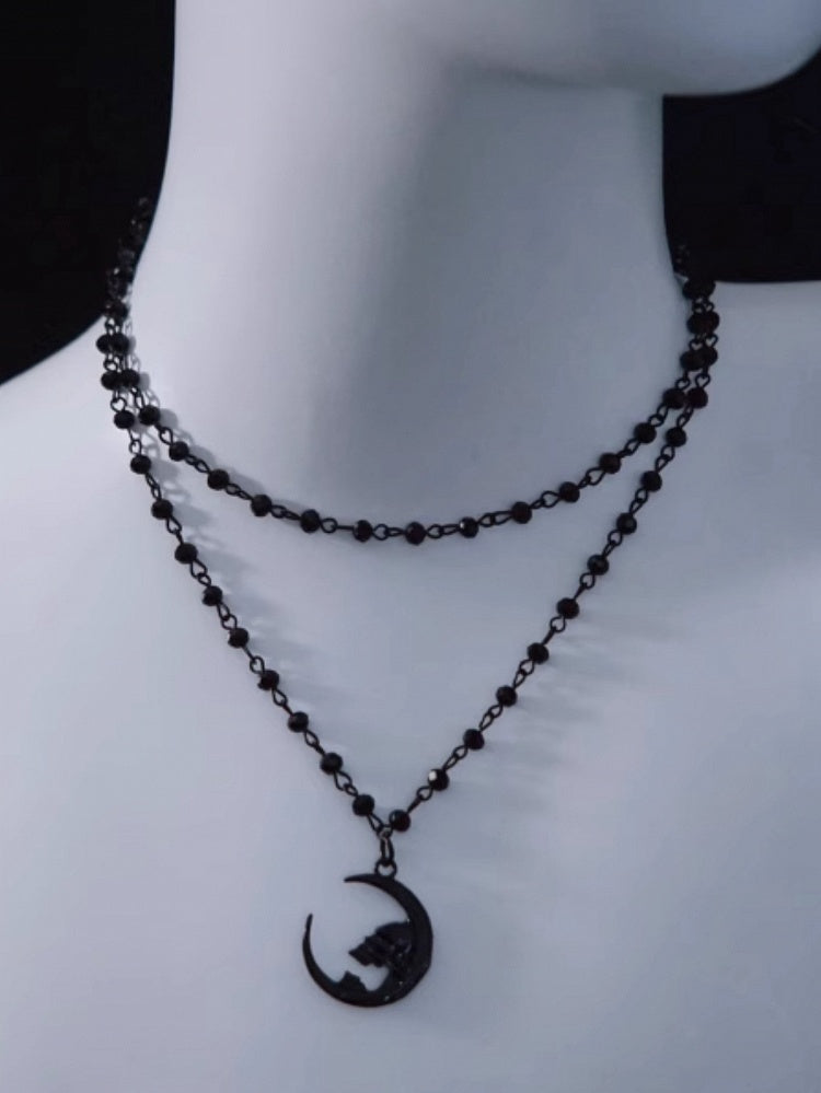 Gothic Moon Pendant Black Double Layers Beads Necklace