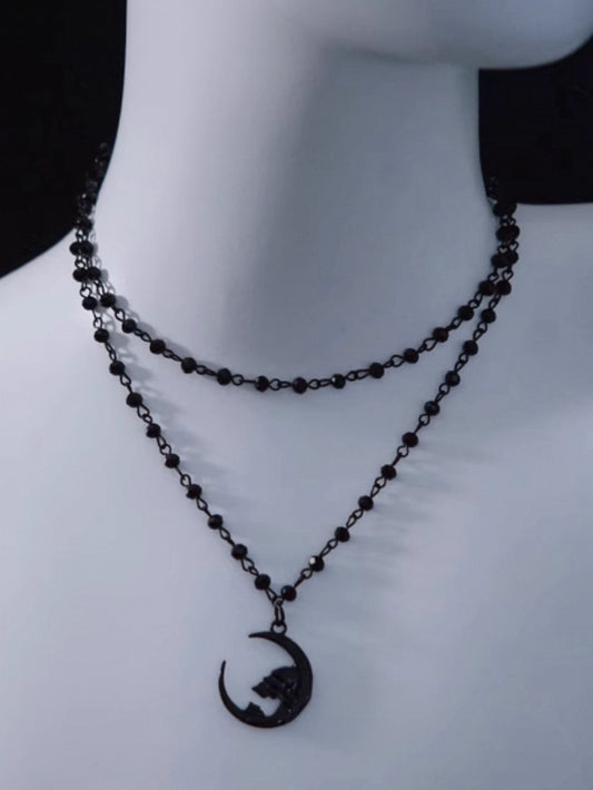 Gothic Moon Pendant Black Double Layers Beads Necklace