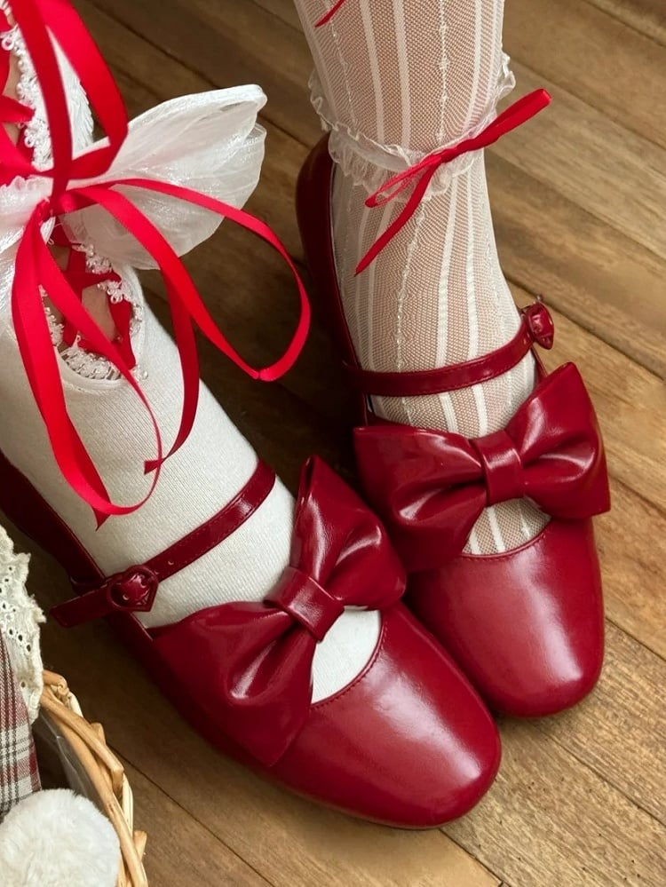PU Red Elegant Lolita Mary Janes - Mid Heel with Bow Accents & Heart Buckle