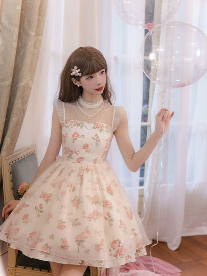 Pink Rosette Print White Illusion Neckline Summer Lolita Dress