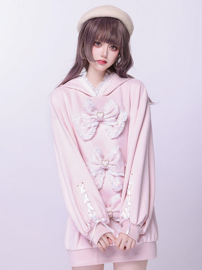 Sakura Pink Jirai Kei Sweet Lace Trim Bows Decorated Hoodie