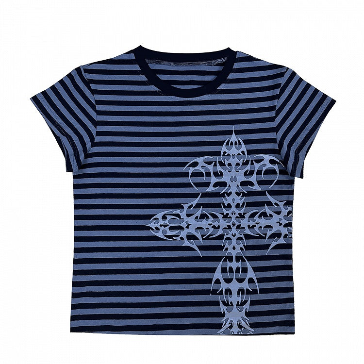 Dark Blue/Light Purple Stripe Pattern Cross Print Top
