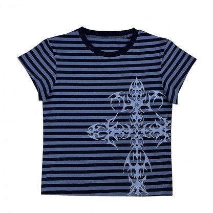 Dark Blue/Light Purple Stripe Pattern Cross Print Top