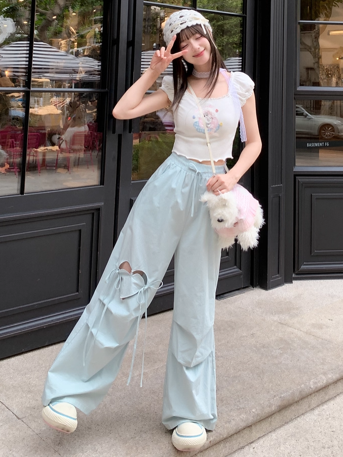 Blue/Pink Drawstring Waist Heart-shaped Cutout Wide-leg Pants