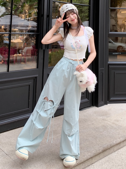 Blue/Pink Drawstring Waist Heart-shaped Cutout Wide-leg Pants