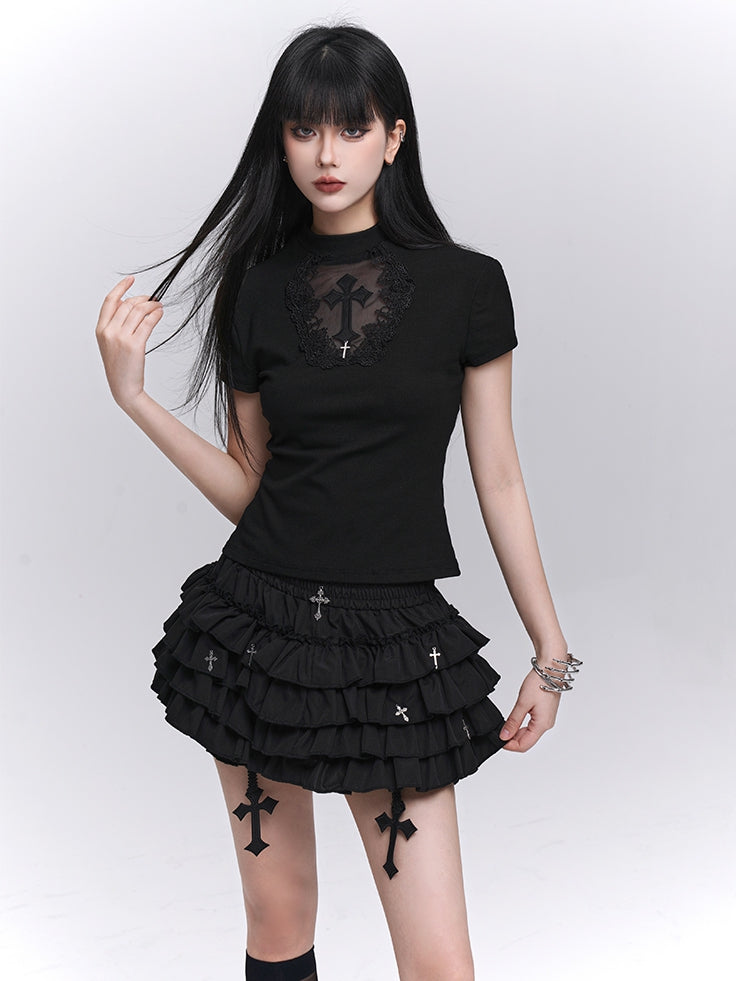 Gothic Black Cross Charms Mini Tiered Skirt Bloomers Lining