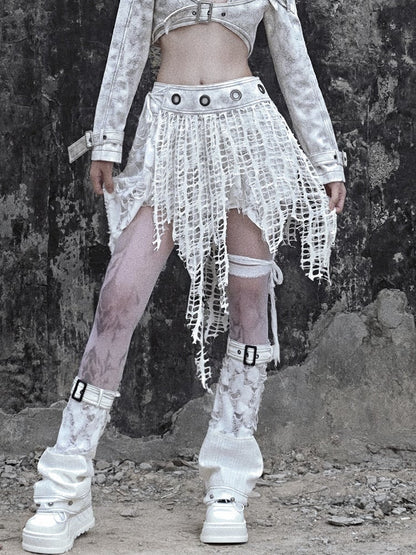 White Punk Distressed Holes Handkerchief Hem Skirt with Detachable Overlay