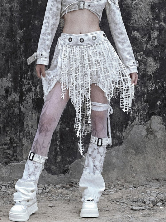 White Punk Distressed Holes Handkerchief Hem Skirt with Detachable Overlay
