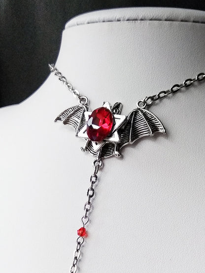 Hexagram Design Gothic Cross and Rhinestones Silver Bat Necklace