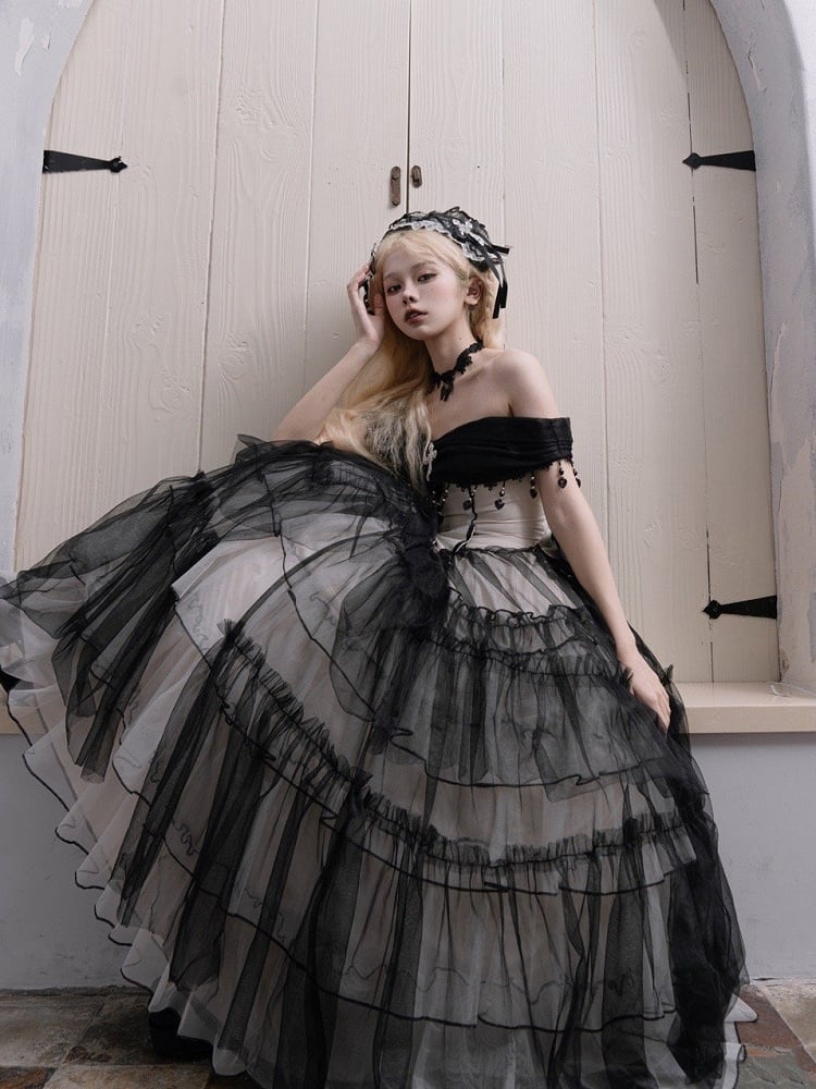 Plus Sizes Available Black Gothic Princess Off-the-shoulder Neckline Dress Black and White