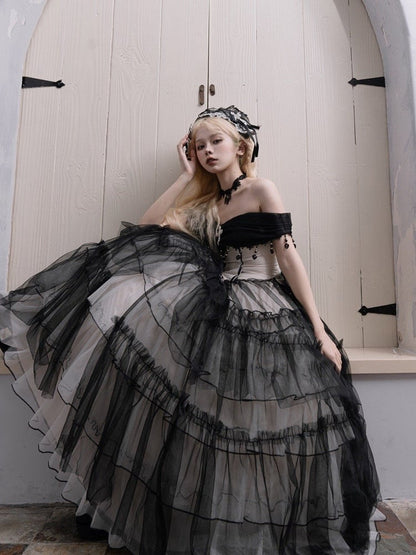 Plus Sizes Available Black Gothic Princess Off-the-shoulder Neckline Dress Black and White