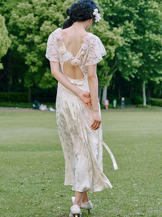 Vintage White Floral Decorations at Back Summer Dress