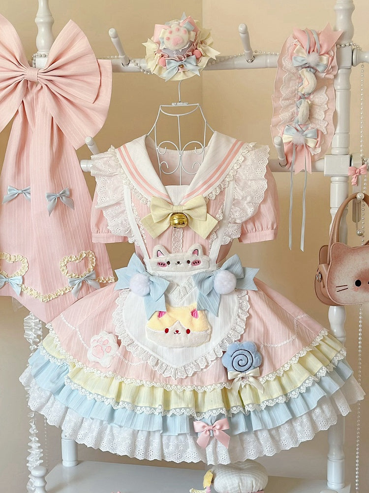 Pastel Color Sailor Collar Sweet Kitty Maid Lolita Dress with Heart Apron