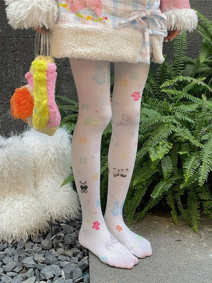 Sweet White Tights With Multi-Color Bear Print