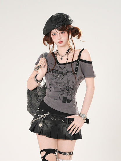 Anime Girl Print Gray/White Asymmetrical Neckline Slim-fitting T-shirt