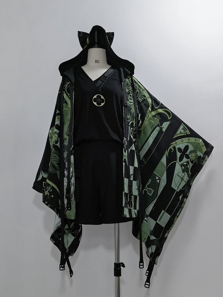 Green Cyberpunk Techwear Ouji Fashion Cat Ears Hooded Top Buckle Strappy Details