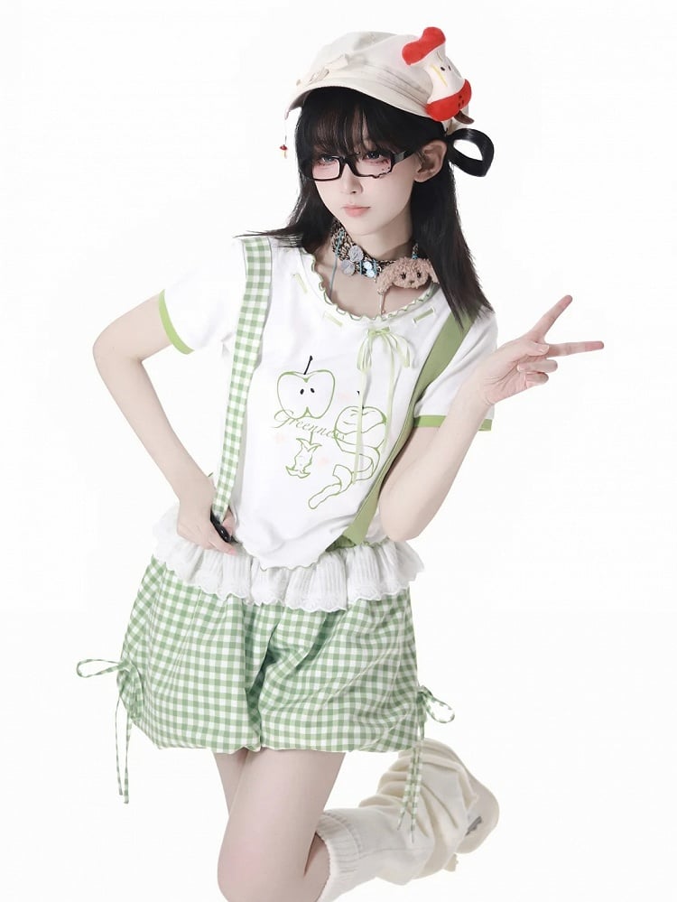 Green Plaid Overalls Bubble Shorts Detachable Shoulder Straps