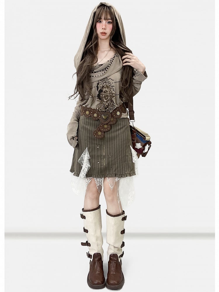 Khaki Millard Fashion Cowl Neckline Print Design Hoodie