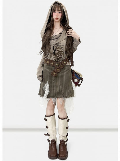 Army Green Millard Fashion Striped Pattern Contrast Lace Patches Cascading Ruffle Accents Skirt