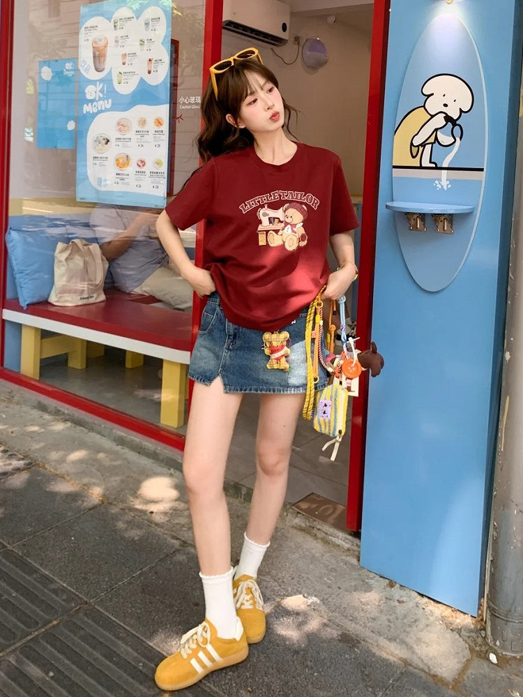 Cartoon Bear Print Wine Red Round Neck Loose T-shirt