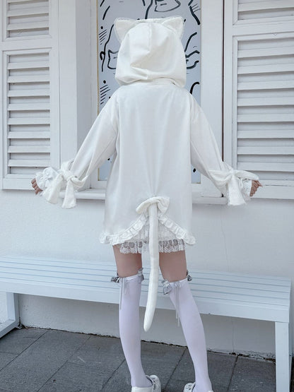 Jirai Kei Kitty Tail at Back Kitty Ears Hood White Lace Trim Jacket Bowknot Cuffs