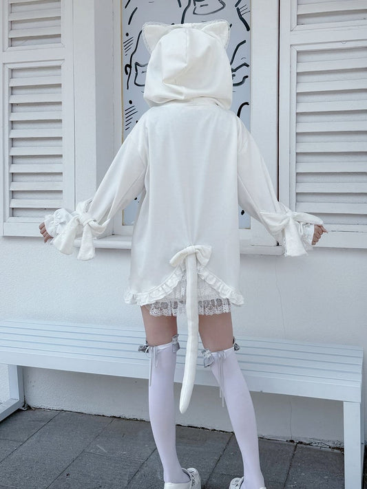Jirai Kei Kitty Tail at Back Kitty Ears Hood White Lace Trim Jacket Bowknot Cuffs