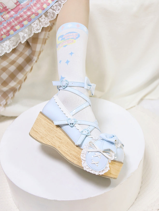 Polished Blue Bunny Ear Bowknot Old School Sweet Lolita Platforms