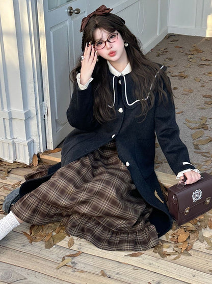 Plus Size Black Sailor Collar Heart Buttons Woolen Coat