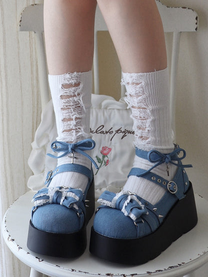Spike Studs Bow Accents Blue Cross Gothic Platforms Punk Shoes