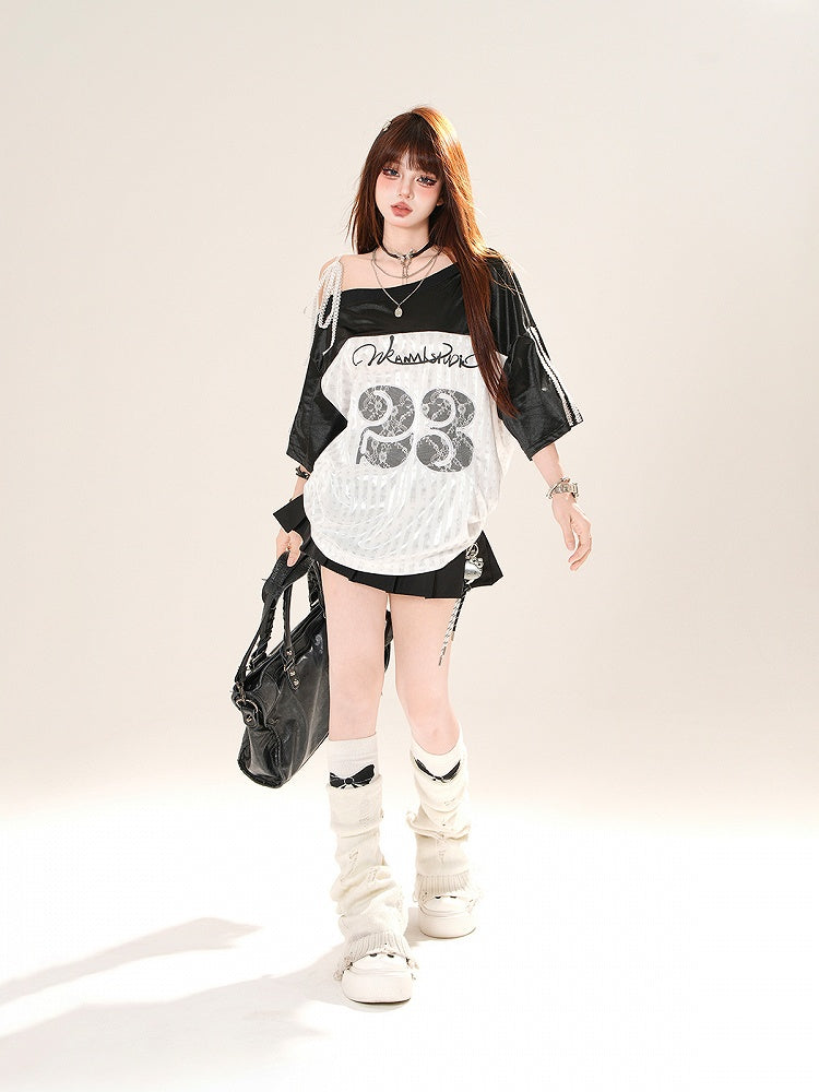 Asymmetrical Neckline Lace Number Applique Pink/Black Loose T-Shirt