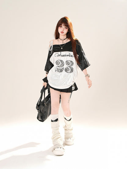 Asymmetrical Neckline Lace Number Applique Pink/Black Loose T-Shirt