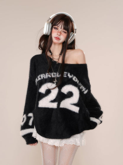 Clearance-Size M for Bust 61CM Black Asymmetrical Neckline Number Pattern Blokette Core Mohair Sweater