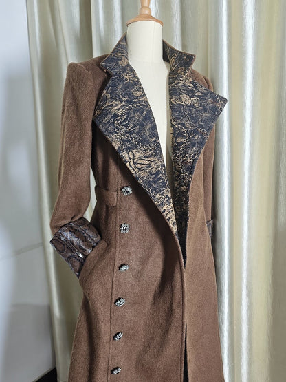 Ouji Fashion Coffee Convertible Collar Lolita Woolen Coat with Leather Accents