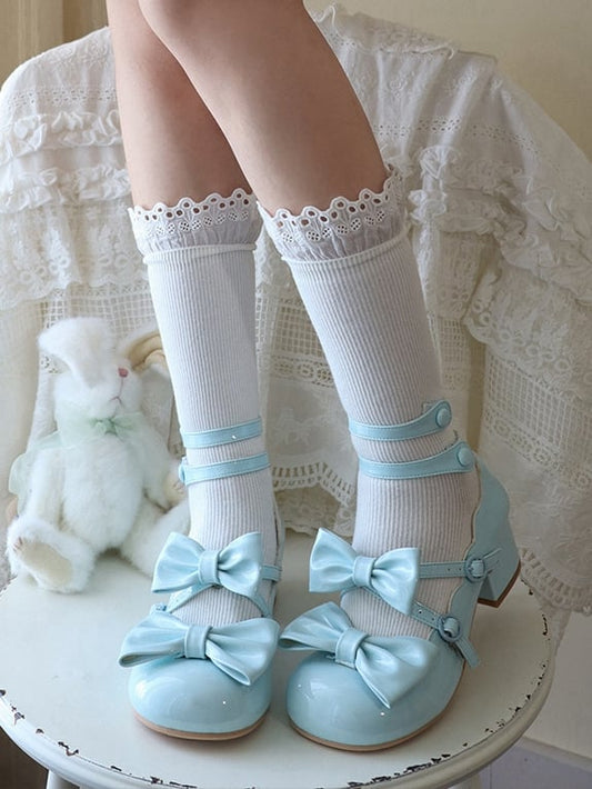 Crisscross Straps Blue Bow Accents Mary Janes Sweet Middle Heels