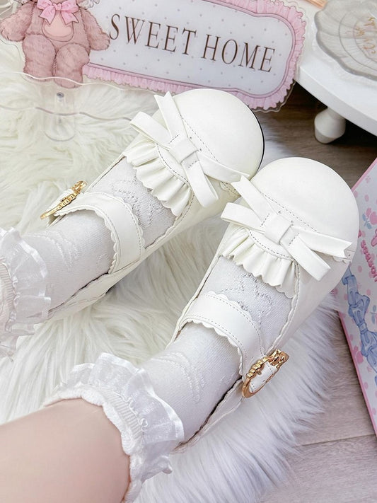 Bow Accents, Ruffles Trim & Scalloped Hem Closure PU White Round Toe Mid Heels in Sweet Lolita