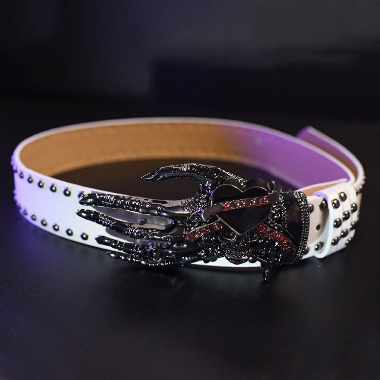 White/Black Gothic Studs Details Skeleton Hand Waist Belt