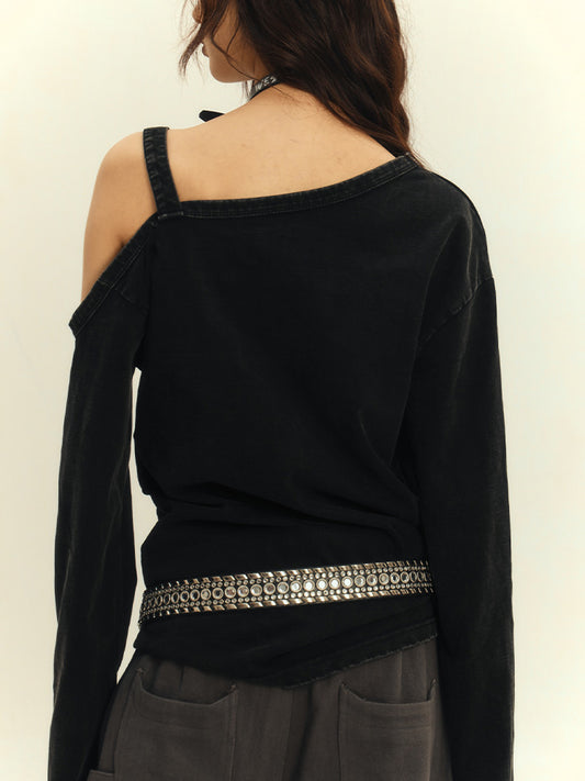 Punk Y2K Black Asymmetrical Cutout Shoulder Top