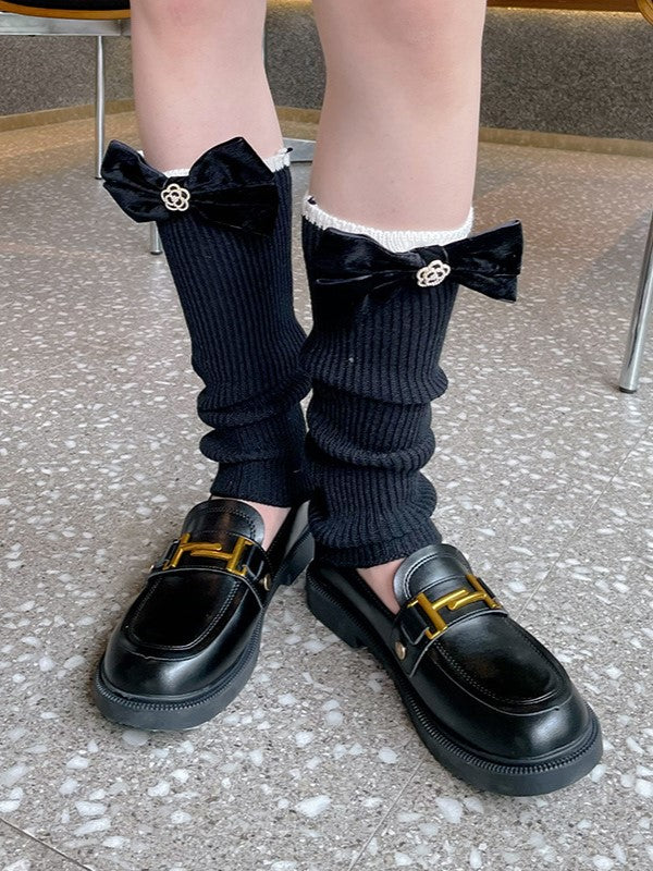 Black/White Leg Sleeves With Black Bowknot Details